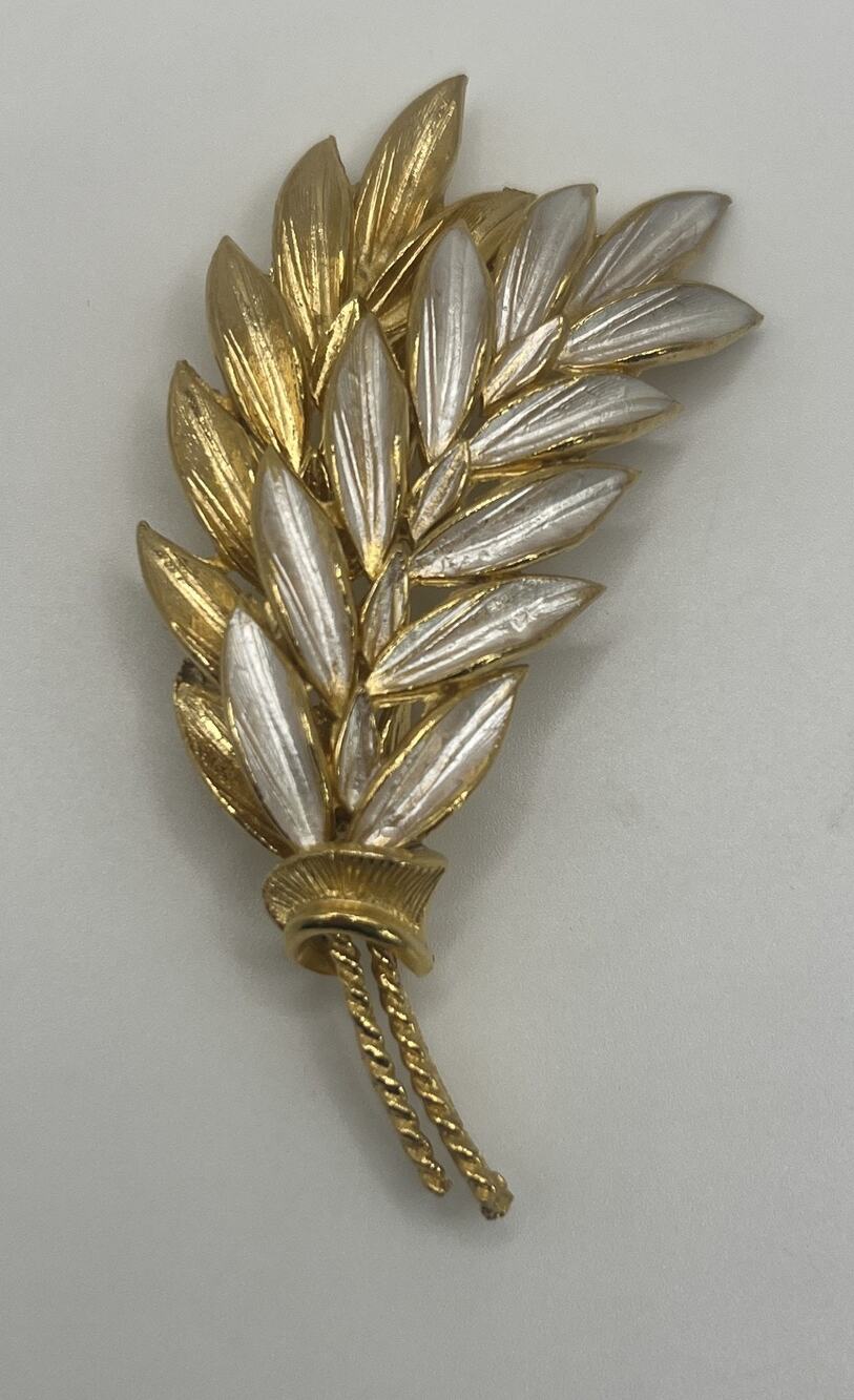 Vintage MCM 2 Tone & Enamel Large Wheat Sheaf Harvest Costume Statement Brooch